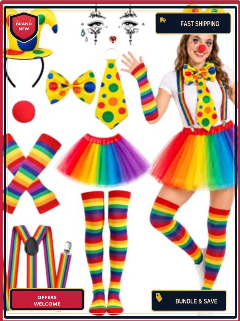 9Pc Clown Costume Set Rainbow Tutu Suspender Bow Tie Women Halloween